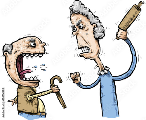 Arguing cartoon senior citizen couple shout at and threaten one another.