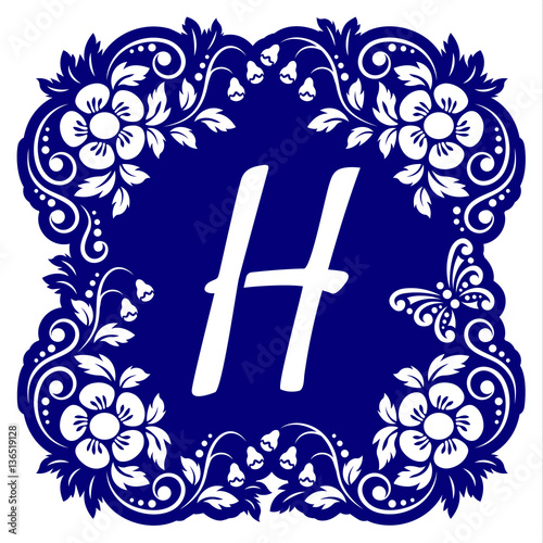 Laser cutting template alphabet. Openwork card with flowers, leaves, buds, swirls, butterfly. Carved edges and letter H in middle. 1:1 ratio, square size 15*15 sm default. Vector illustration.