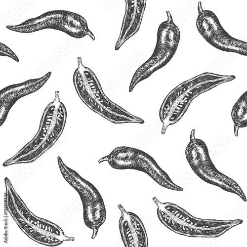 Seamless pattern design or background with chilli pepper. Hand drawn illustration by ink and pen sketch set. Design for fruit and vegetable products and health care goods.