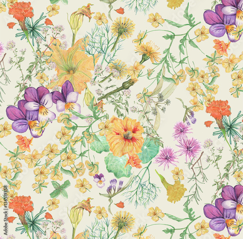 Edible flowers and herbs. Seamless repeat.