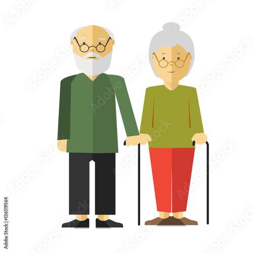 Elderly Standing Couple with Sticks on White.