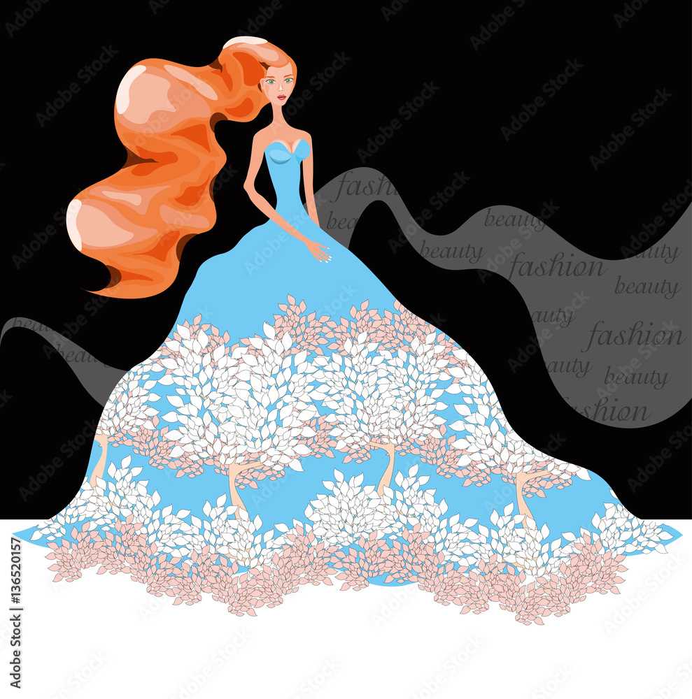 vector illustration of a beautiful fashion woman with long red hair in ...