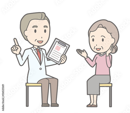 Illustration that an old woman consults a doctor