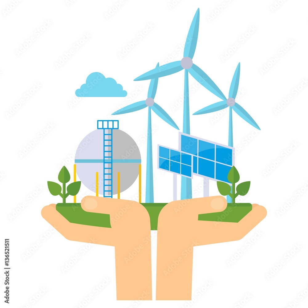 Clean hands hold renewable energy, solar panels and wind turbines. Caring  for environment, preservation of ecology of earth. Flat vector cartoon  illustration. Objects isolated on a white background. Stock Vector | Adobe