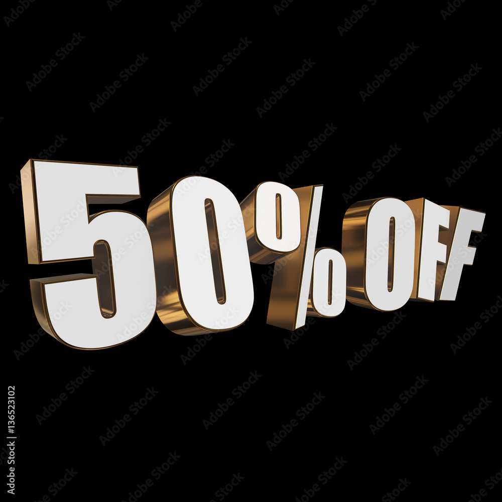 50 percent off letters on black background. 3d render isolated. 50 percent off letters on black background. 3d render isolated.