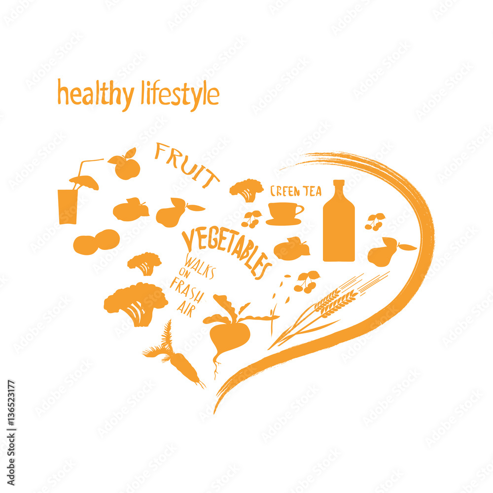 a set of elements of a healthy lifestyle. fruit, vegetables, beverages.