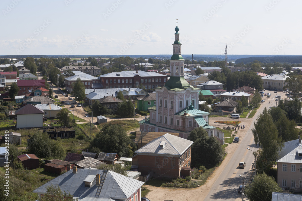 View from the bell tower of the Church of the Entry of the Lord into Jerusalem on the Church of the Nativity in the city of Totma, Vologda Region, Russia
