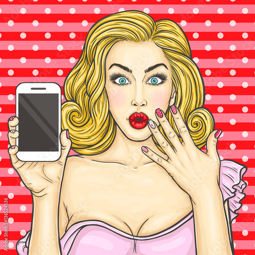 Pop art a young sexy girl shocked discount on smartphone