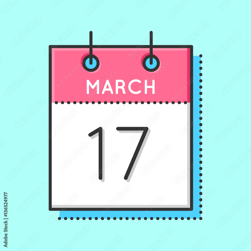 Vector Calendar Icon. Flat and thin line vector illustration. Calendar sheet on light blue background. March 17th