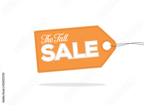 Orange price tag label with the fall sale word on it and with shadow isolated on white background. For autumn sale campaigns. 