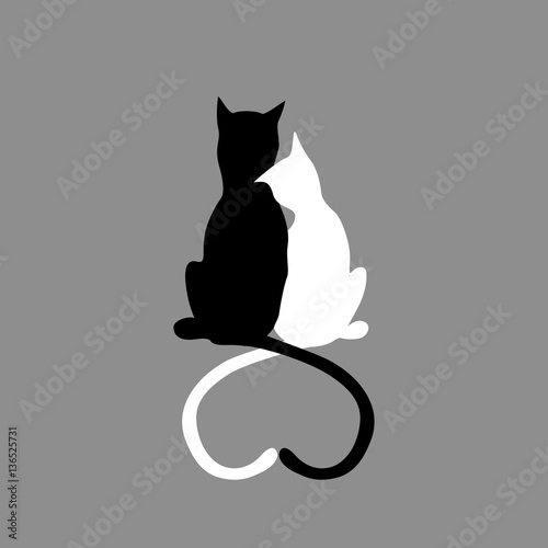 Silhouette of cat couple in love with shape heart tails. Vector