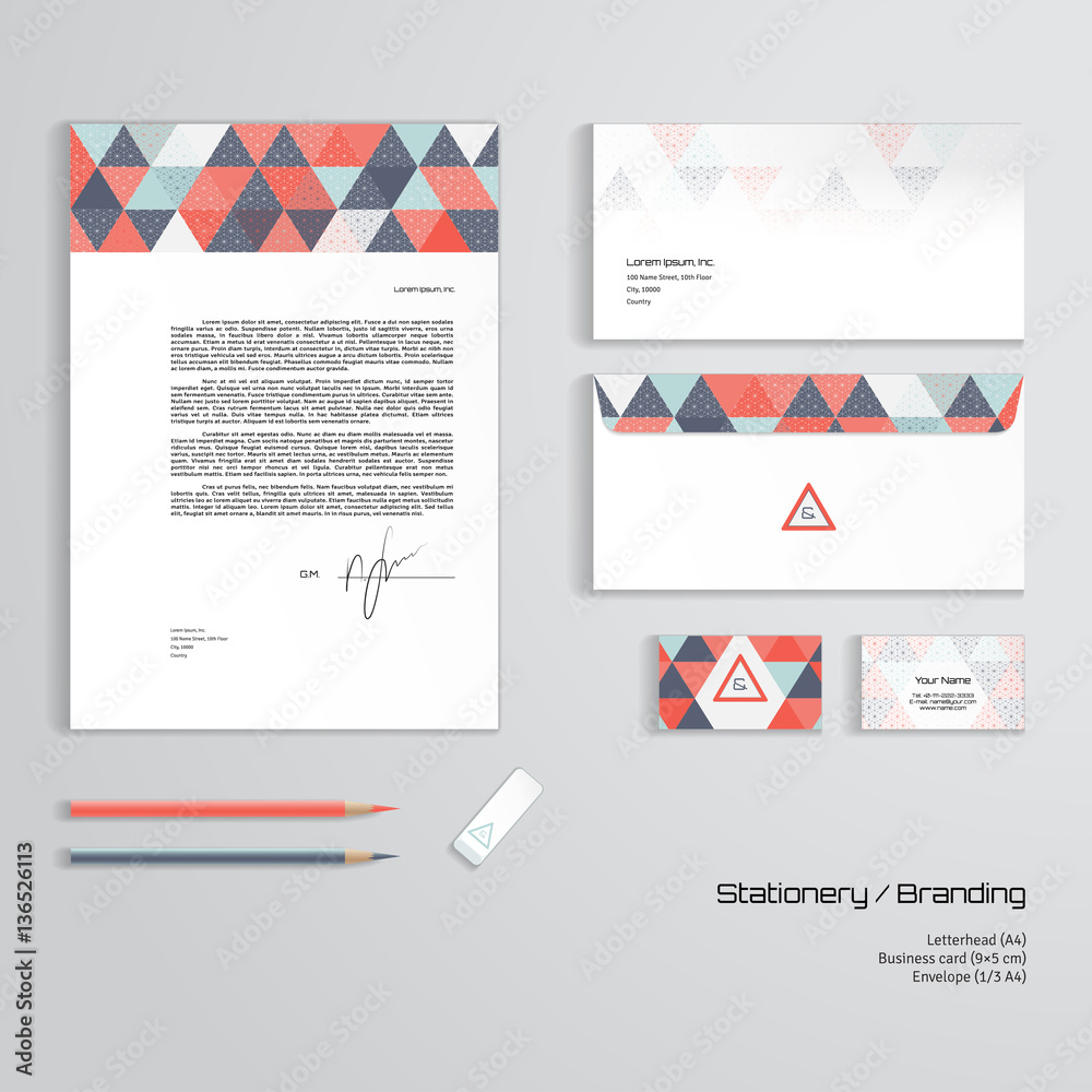 Vector corporate identity templates. Multicolored geometric In Business Card Letterhead Envelope Template