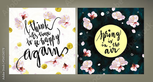 Spring mood illustrations set. Card vector template. Hand written lettering. Textured plum tree flowers and petals on velvet textured background.