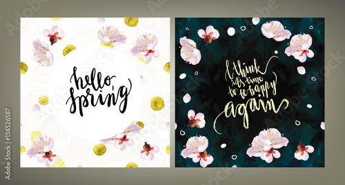 Spring mood illustrations set. Card vector template. Hand written lettering. Textured plum tree flowers and petals on velvet textured background.
