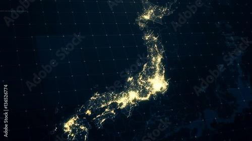 Japan Map Night Lighting. Animation of the night lighting on the map Japan. Perfect for social, scientific, research and promotional projects.