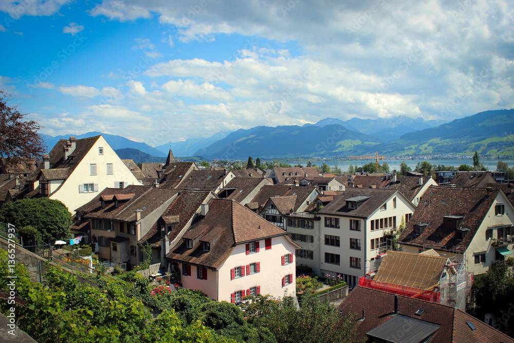Roofs of Rapperswil and Rapperswil harbour of Lake Zurich, Switzerland 