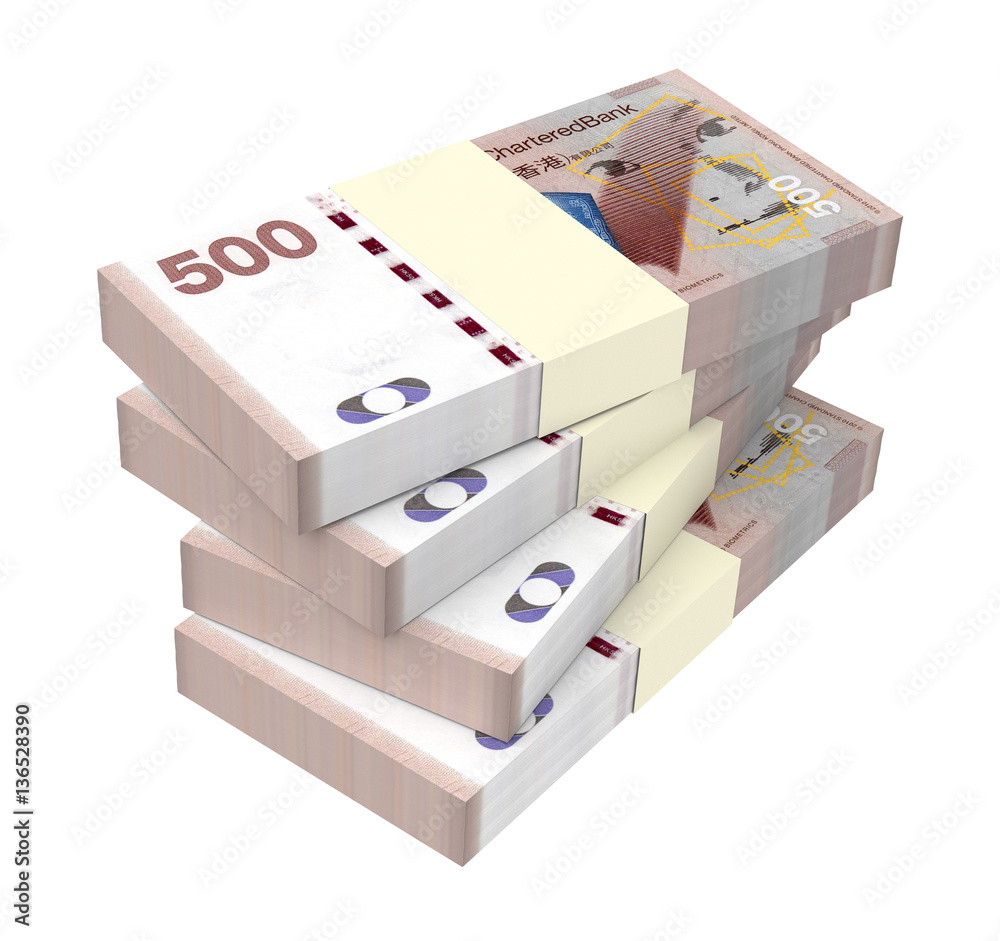 Hong Kong dollar bills stacks isolated on white background. 3D illustration. Hong Kong dollar bills stacks isolated on white background. 3D illustration.