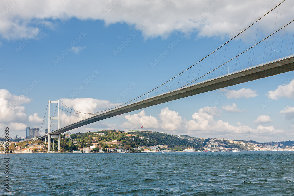 Fototapeta premium Sunny view from pleasure boat to Bosphorus, Istanbul, Turkey.