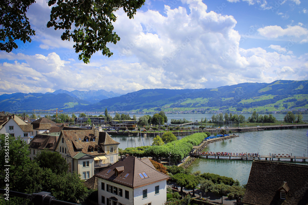 Roofs of Rapperswil and Rapperswil harbour of Lake Zurich, Switzerland 