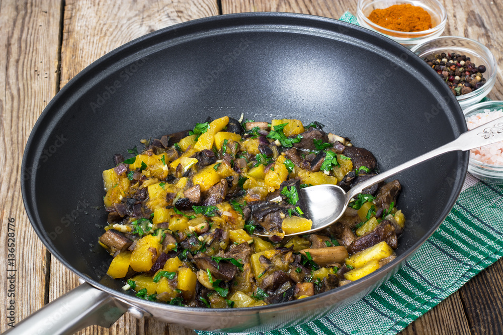 Mixed vegetables with mushrooms in pan Mixed vegetables with mushrooms in pan