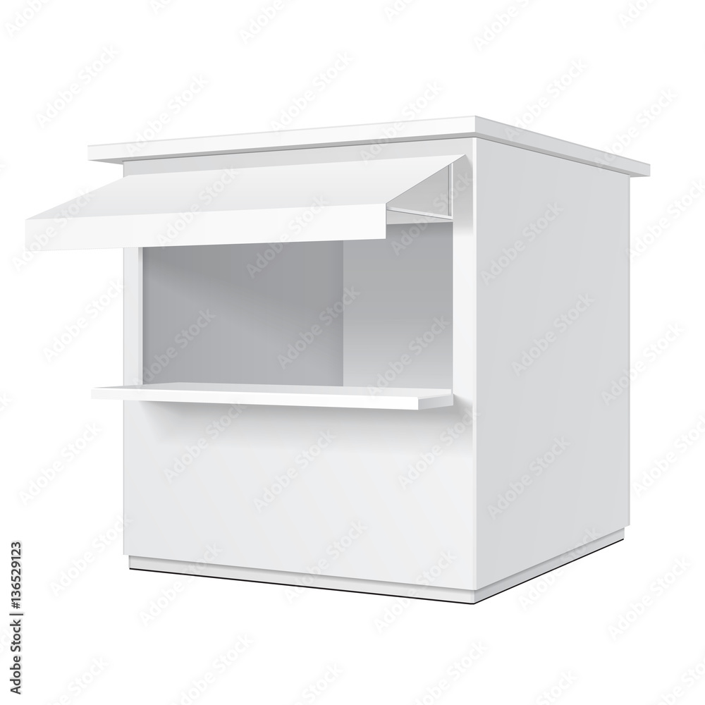 Promotional Or Trade Outdoor Kiosk, Stand, Newsstand. Open-fronted Hut Or Cubicle. Mock Up, Template. Illustration Isolated On White Background. Ready For Your Design. Product Advertising Vector EPS10 Promotional Or Trade Outdoor Kiosk, Stand, Newsstand. Open-fronted Hut Or Cubicle. Mock Up, Template. Illustration Isolated On White Background. Ready For Your Design. Product Advertising Vector EPS10