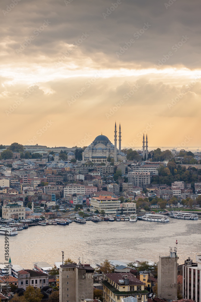 Sunset view from Galata tower to Golden Horn, Istanbul, Turkey.