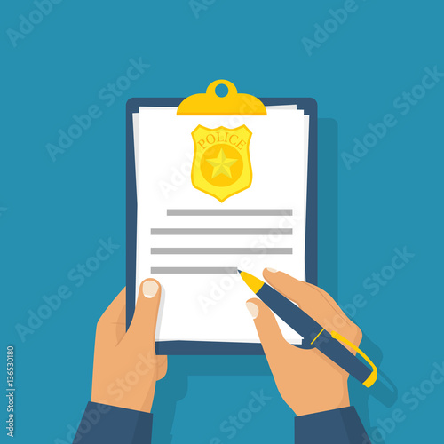 Police officer write report about violation. Fined. The cop holding clipboard in hand, pen signing document. Vector illustration flat design. Isolated on background.
