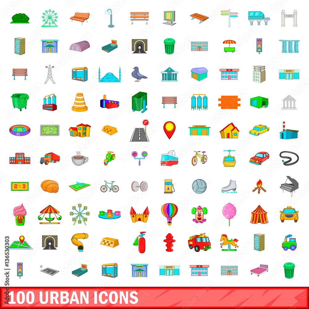 100 urban icons set, cartoon style 100 urban icons set, cartoon style