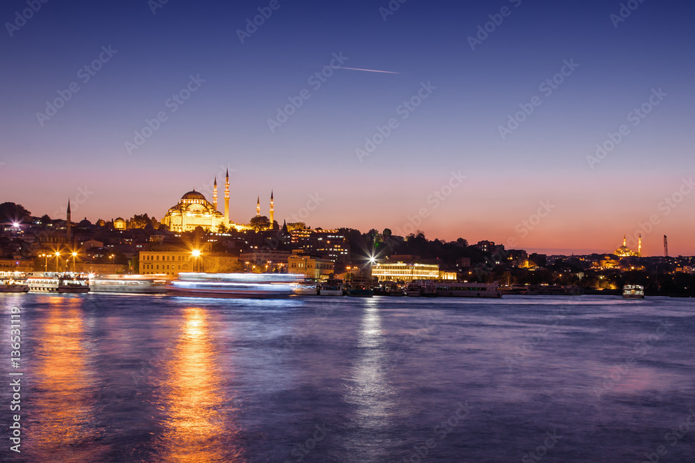 Night view of skyline of Borphorus and Galata bridge, Istanbul, Turkey.