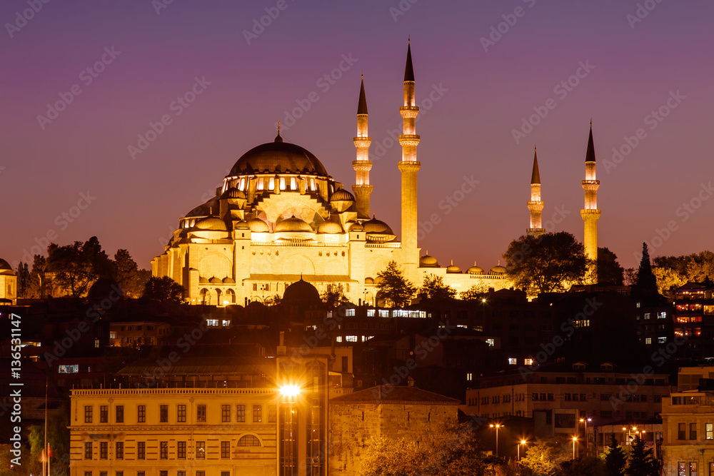 Night view of mesque near Borphorus and Galata bridge, Istanbul, Turkey.
