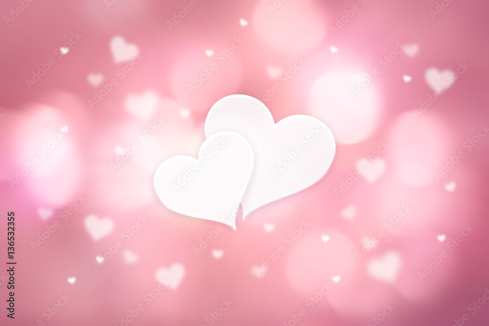 Blurry pink violet bokeh illustration background with two blank white heart shapes.