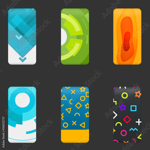 Set mockup covers for mobile phone. Template case or sticker for technology device, branding, advertising, business and corporate identity. Vector illustration.