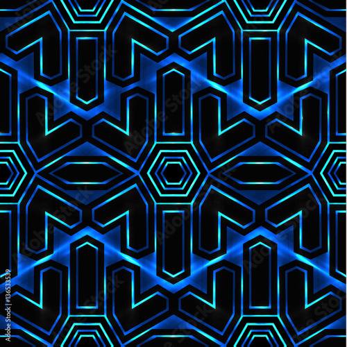 Blue random laser beams on dark background. Seamless geometric p