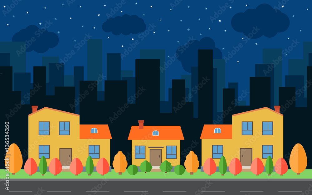 Vector night city with cartoon houses and buildings with red, yellow and  green trees and shrubs. City space with road on flat style background  concept. Summer urban landscape. Stock Vector | Adobe