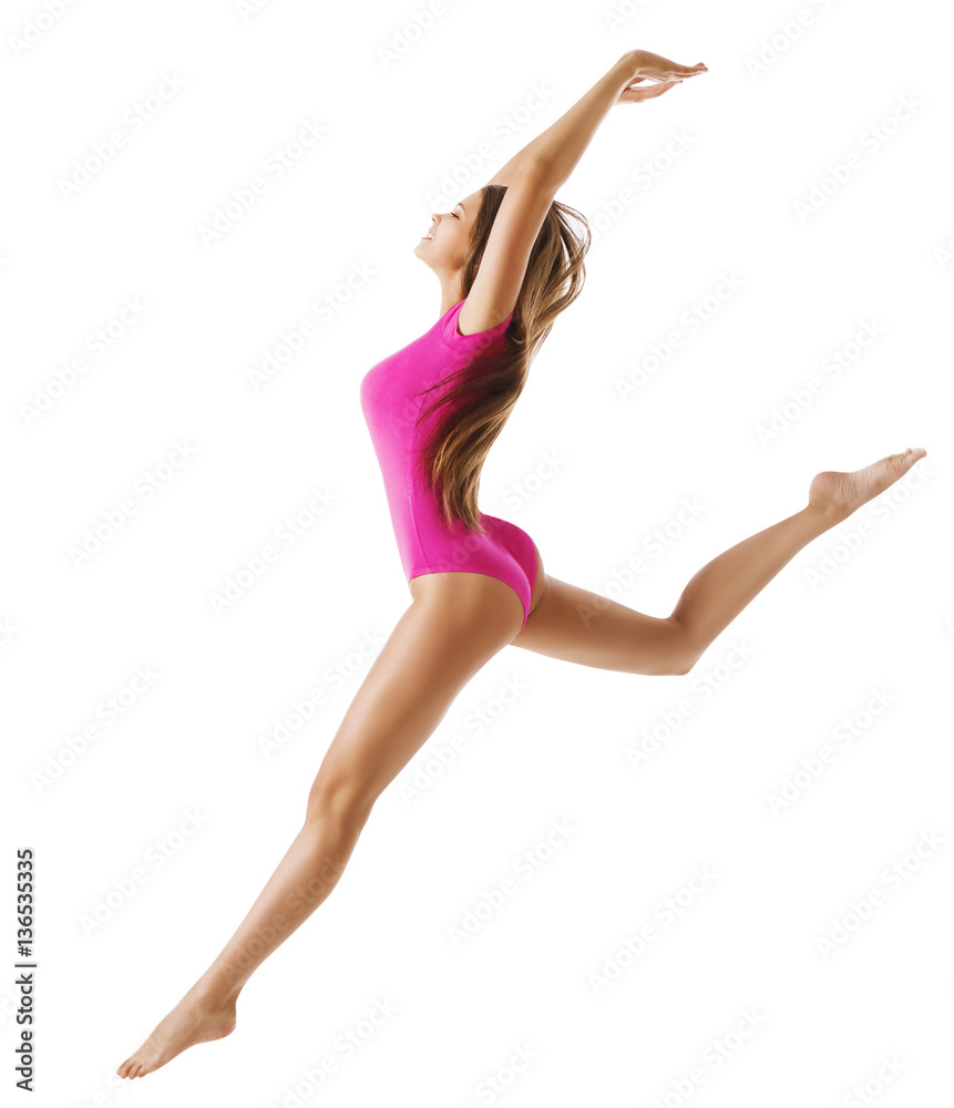 Woman Sport Gymnast, Young Girl Dance Jump Isolated over White, Slim Sporty Body Pink Leotard Woman Sport Gymnast, Young Girl Dance Jump Isolated over White, Slim Sporty Body Pink Leotard