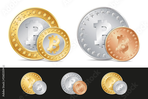 vector gold, silver and bronze bitcoin coins