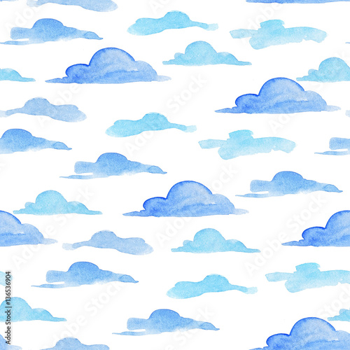 Hand drawing seamless pattern of blue clouds. Watercolor illustr