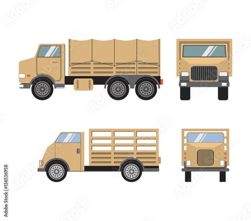 Vector flat set of military heavy trucks.Transport carriage of soldiers..Special military equipment. Vintage army transportation.Army truck.Military transportation.