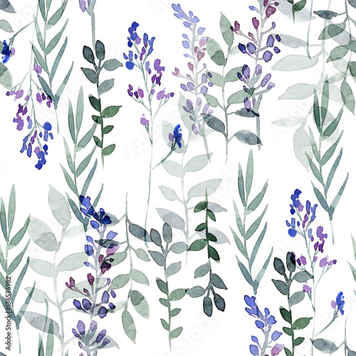 Hand drawing seamless pattern of flowers in blue and purple colo