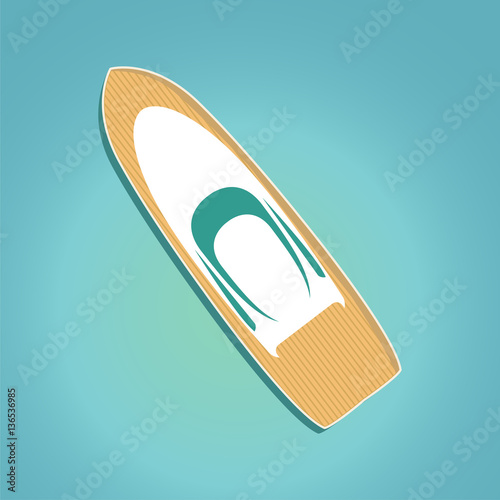 Luxury travel seaway ocean transport vector motor yacht boat in trendy flat design.White yacht boat with the wooden deck top view.Voyage and elements of design for the tourist websites and firms.