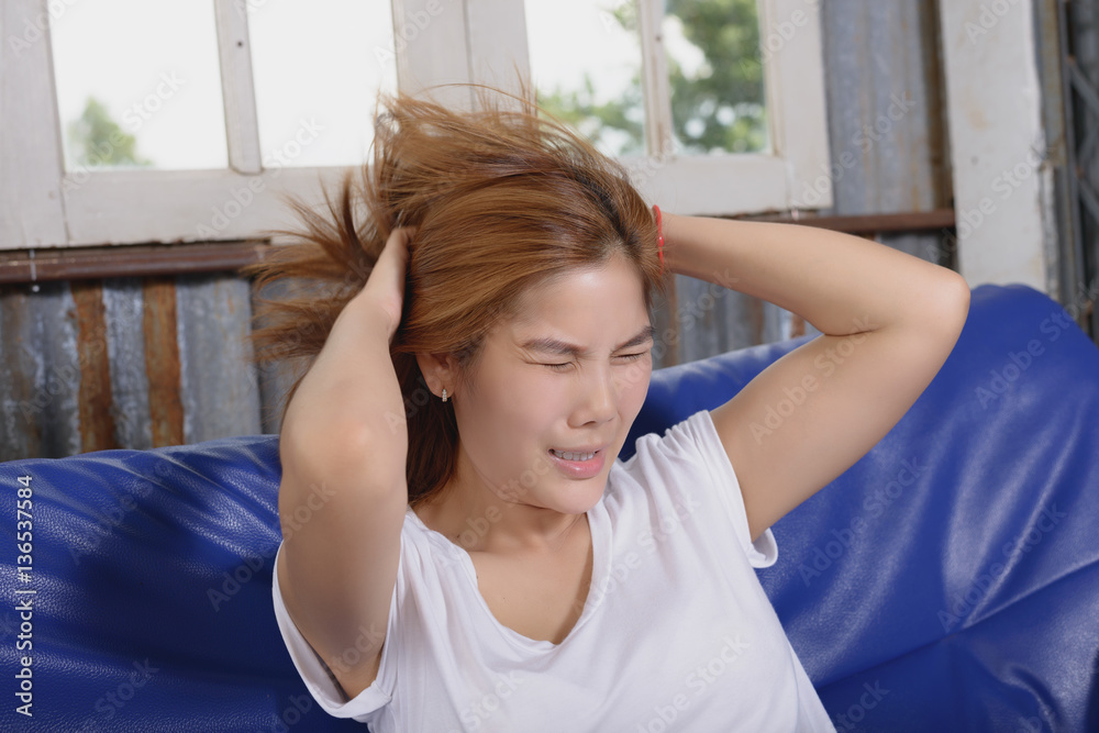 Portrait of asian business woman in the office and having headache, overwork and stress concept. Portrait of asian business woman in the office and having headache, overwork and stress concept.