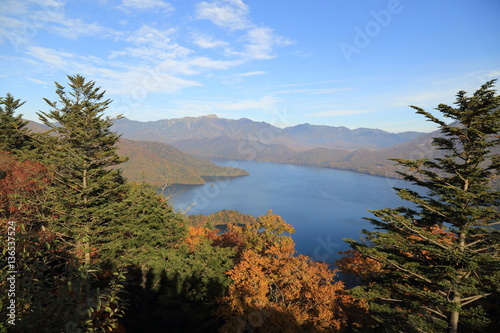 The Lake Chuzenji viewed from the Hangetsuyama observatory, Nikko City / The Lake Chuzenji is known as one of popular autumn leaf sights in Nikko and Oku-Nikko.