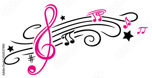 Notenschlüssel mit Notenblatt, Sternen und Musiknoten. Tribal und Tattoo Style. 