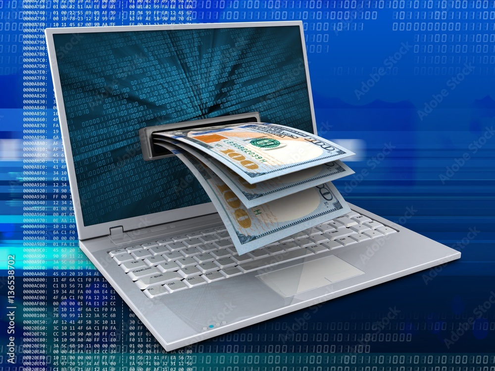 3d illustration of laptop over digital background with binary data screen and banknotes 3d illustration of laptop over digital background with binary data screen and banknotes