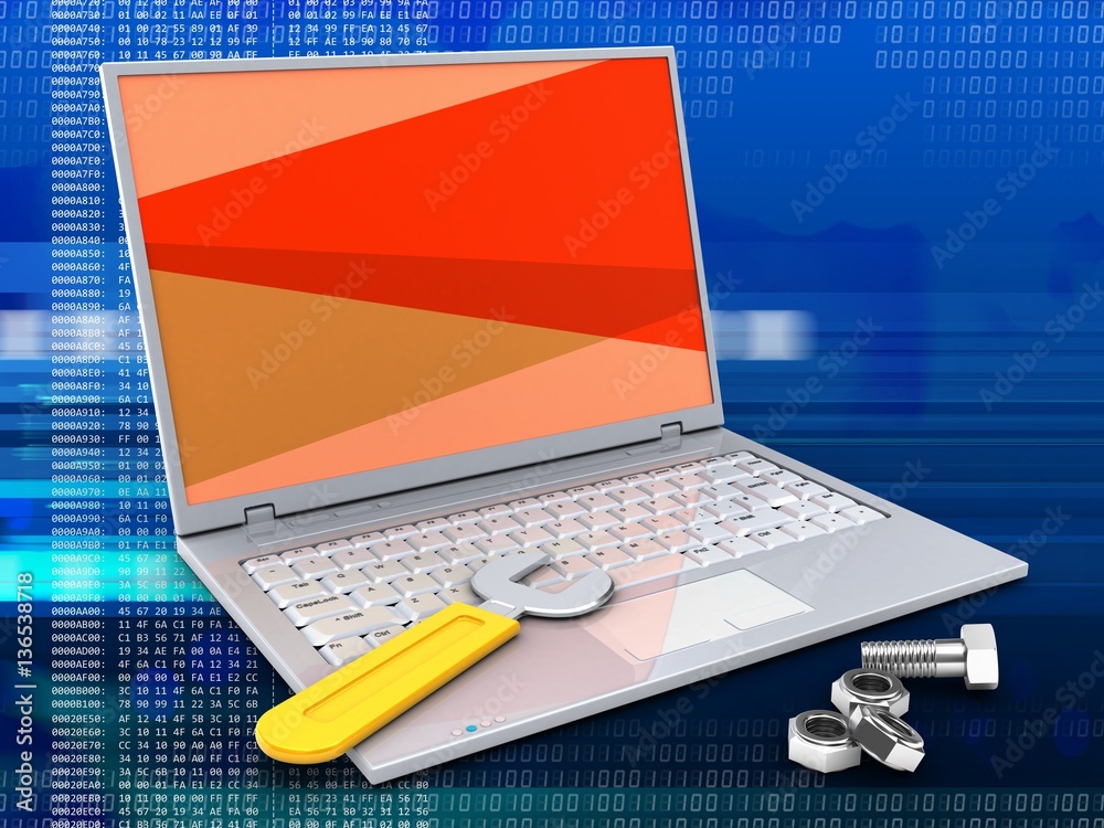 3d illustration of laptop over digital background with red screen and wrench and nuts 3d illustration of laptop over digital background with red screen and wrench and nuts