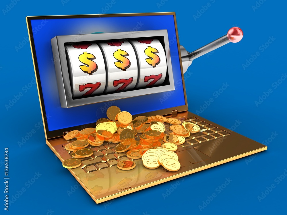 3d illustration of golden computer over blue background with clouds screen and slot machine