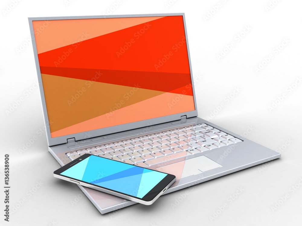 3d illustration of laptop over white background with red screen and smartphone 3d illustration of laptop over white background with red screen and smartphone