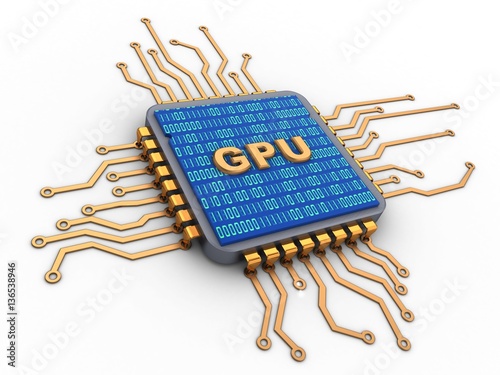 3d illustration of microchip over white background with gpu sign and binary code inside photo