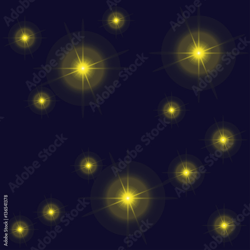 Night star sky. Bright yellow stars with long beams on dark blue background. Vector illustration EPS10