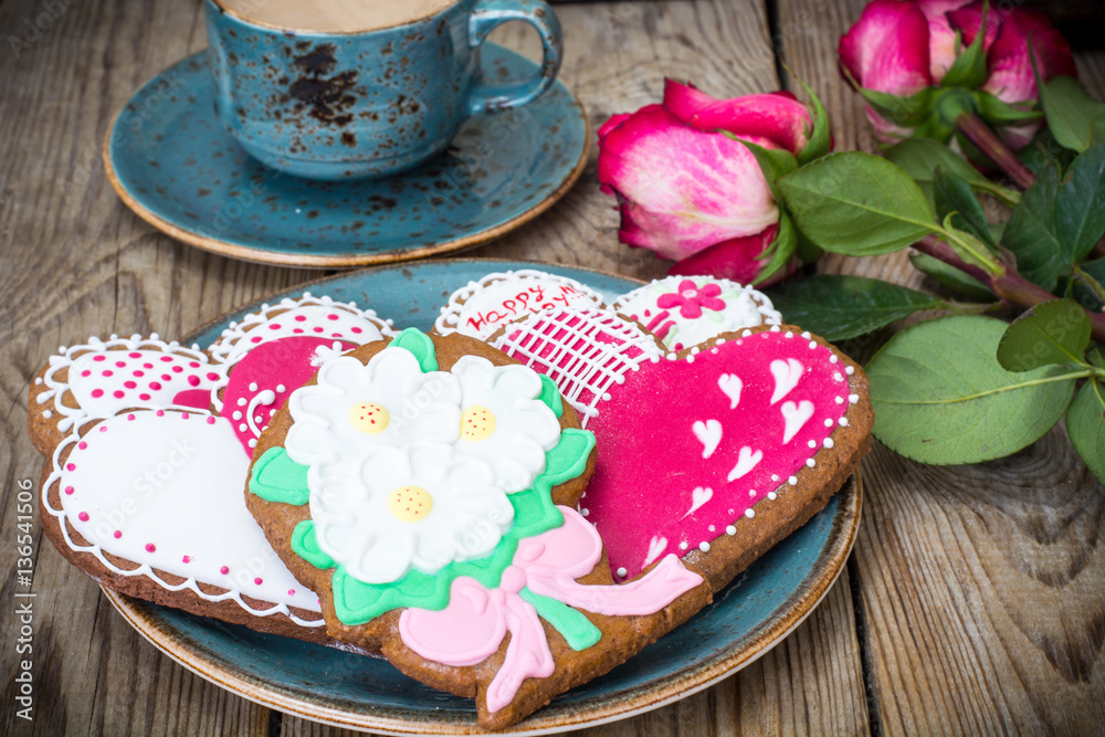 Breakfast to the birthday of coffee with milk and gingerbread wi Breakfast to the birthday of coffee with milk and gingerbread wi